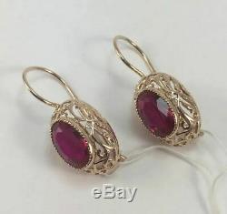 Royal Original Vintage USSR Soviet Russian Solid Rose Gold 583 14K Earrings Ruby