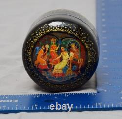 Russian Kholuy (?) Lacquer Box Round Hand Painted Folk Scene USSR Soviet