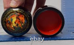 Russian Kholuy (?) Lacquer Box Round Hand Painted Folk Scene USSR Soviet