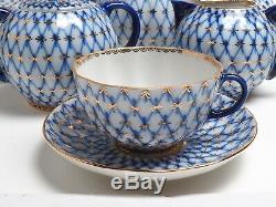 Russian Lomonosov 22-Piece Cobalt Net Tea Set Red USSR Mark Pre-1991