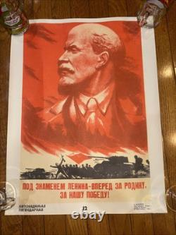 Russian POSTER Under banner of Lenin forward freedom Soviet USSR military Vtg