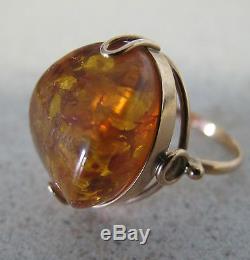 Russian Rose Pink Gold RING Large Natural AMBER Stone Soviet Russia sz 6.5