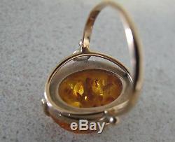 Russian Rose Pink Gold RING Large Natural AMBER Stone Soviet Russia sz 6.5