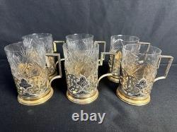 Russian Soviet Niello Gilded 875 6 Silver Teacup Holders with crystal glass
