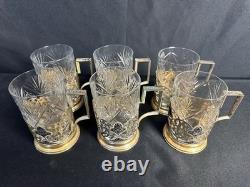 Russian Soviet Niello Gilded 875 6 Silver Teacup Holders with crystal glass