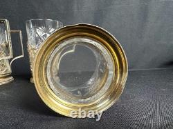 Russian Soviet Niello Gilded 875 6 Silver Teacup Holders with crystal glass