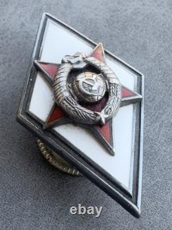 Russian Soviet Silver Rhombus Military Academy USSR original enamel badge Rare