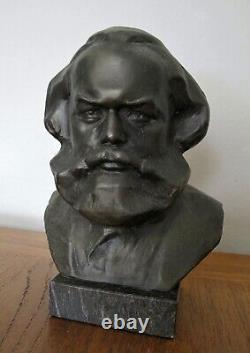 Russian Soviet Statue Bust Karl Marx metal on marble base sign by sculptor