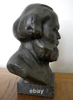 Russian Soviet Statue Bust Karl Marx metal on marble base sign by sculptor