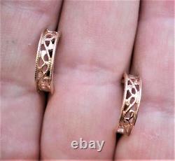 Russian Soviet USSR 14K 585 Rose Pink Gold Hoop Filigree Pierced Earrings