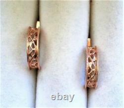 Russian Soviet USSR 14K 585 Rose Pink Gold Hoop Filigree Pierced Earrings