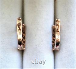 Russian Soviet USSR 14K 585 Rose Pink Gold Hoop Filigree Pierced Earrings