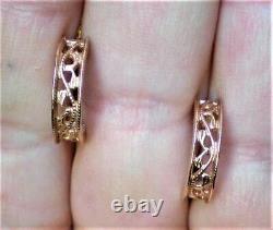 Russian Soviet USSR 14K 585 Rose Pink Gold Hoop Filigree Pierced Earrings