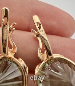 Russian Soviet USSR 14K Yellow Gold Fancy Cut Green Quartz Earrings