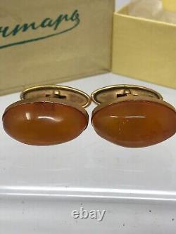 Russian Soviet USSR Genuine Baltic Amber Oval Cufflinks Set Russia