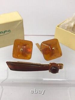 Russian Soviet USSR Genuine Baltic Amber Square Cufflinks & Tie Clip Set Russia