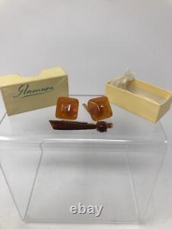 Russian Soviet USSR Genuine Baltic Amber Square Cufflinks & Tie Clip Set Russia