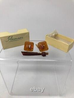 Russian Soviet USSR Genuine Baltic Amber Square Cufflinks & Tie Clip Set Russia