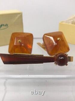 Russian Soviet USSR Genuine Baltic Amber Square Cufflinks & Tie Clip Set Russia