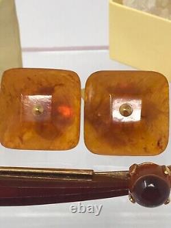 Russian Soviet USSR Genuine Baltic Amber Square Cufflinks & Tie Clip Set Russia