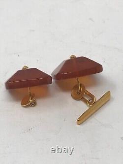 Russian Soviet USSR Genuine Baltic Amber Square Cufflinks & Tie Clip Set Russia