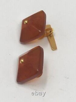 Russian Soviet USSR Genuine Baltic Amber Square Cufflinks & Tie Clip Set Russia