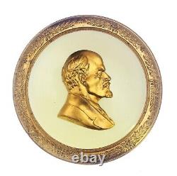 Russian Soviet Ussr Plate Lenin Brass Enamel Wall Plaque (9921)