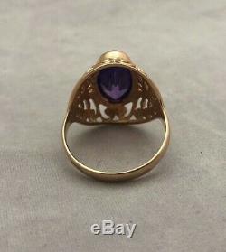 Russian Soviet Ussr Vintage Estate 14k 583 Rose Gold Amethyst Simulant Ring