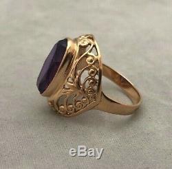 Russian Soviet Ussr Vintage Estate 14k 583 Rose Gold Amethyst Simulant Ring