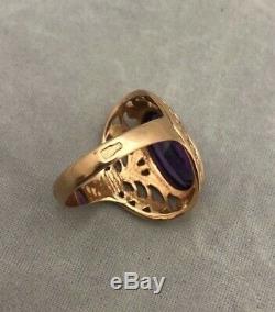 Russian Soviet Ussr Vintage Estate 14k 583 Rose Gold Amethyst Simulant Ring