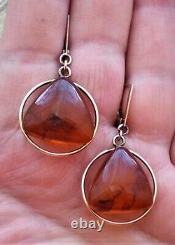 Russian USSR 14K 583 Yellow Gold Carved Baltic Honey Amber Dangle Drop Earrings