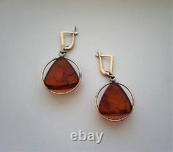 Russian USSR 14K 583 Yellow Gold Carved Baltic Honey Amber Dangle Drop Earrings