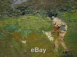 Russian Ukrainian Soviet Oil Painting Impressionism child catching of butterfly
