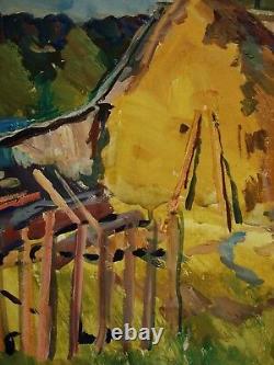 Russian Ukrainian Soviet Oil Painting Landscape Impressionism haycock village