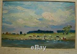 Russian Ukrainian Soviet Oil Painting Landscape herd cows river impressionism