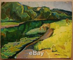 Russian Ukrainian Soviet Oil Painting Landscape impressionism cow river