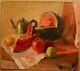 Russian Ukrainian Soviet Oil Painting Still Life Impressionism Melon Teapot