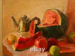 Russian Ukrainian Soviet Oil Painting Still Life impressionism melon teapot