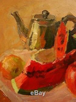 Russian Ukrainian Soviet Oil Painting Still Life impressionism melon teapot