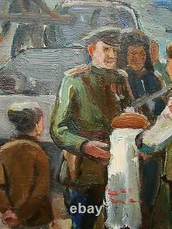 Russian Ukrainian Soviet Oil Painting army WW2 red tank meeting soldier