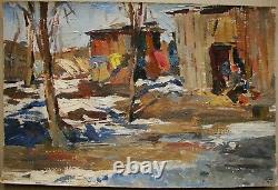 Russian Ukrainian Soviet Oil Painting impressionism early spring sunny day rest
