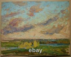 Russian Ukrainian Soviet Oil Painting impressionism landscape sky clouds river