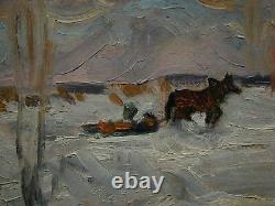 Russian Ukrainian Soviet Oil Painting impressionism landscape snow winter horse