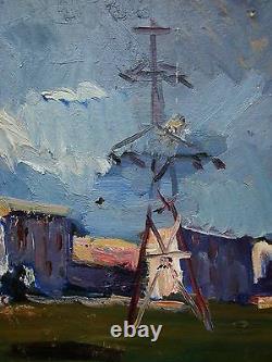 Russian Ukrainian Soviet Oil Painting impressionism rain power line town realism