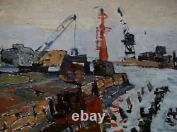 Russian Ukrainian Soviet Oil Painting industrial realism factory wharf river