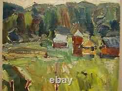 Russian Ukrainian Soviet Oil Painting landscape impressionism huts village 50s