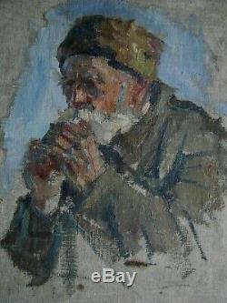 Russian Ukrainian Soviet Oil Painting portrait realism girl old man Stalin era
