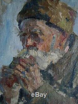 Russian Ukrainian Soviet Oil Painting portrait realism girl old man Stalin era