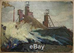 Russian Ukrainian Soviet Oil Painting realism 1950s industrialism coal mine