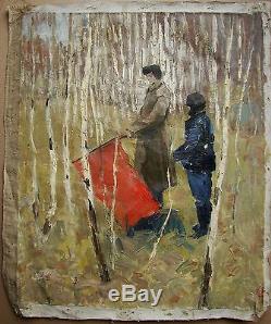 Russian Ukrainian Soviet Oil Painting realism birch flag children heroes